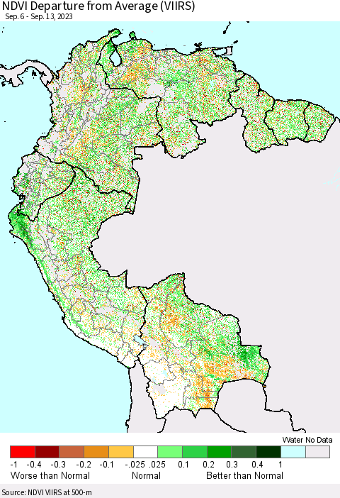 Northern South America NDVI Departure from Average (VIIRS) Thematic Map For 9/6/2023 - 9/13/2023