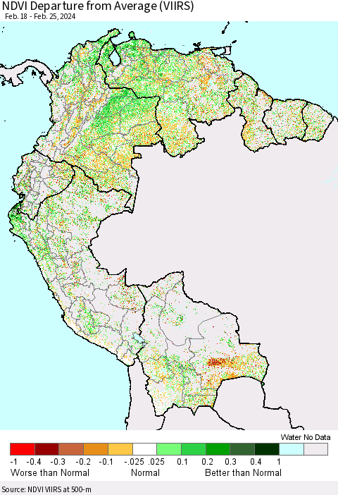 Northern South America NDVI Departure from Average (VIIRS) Thematic Map For 2/18/2024 - 2/25/2024