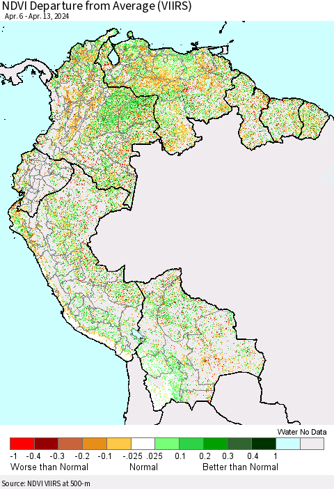 Northern South America NDVI Departure from Average (VIIRS) Thematic Map For 4/6/2024 - 4/13/2024