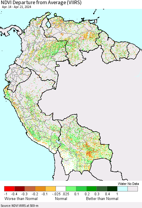 Northern South America NDVI Departure from Average (VIIRS) Thematic Map For 4/14/2024 - 4/21/2024