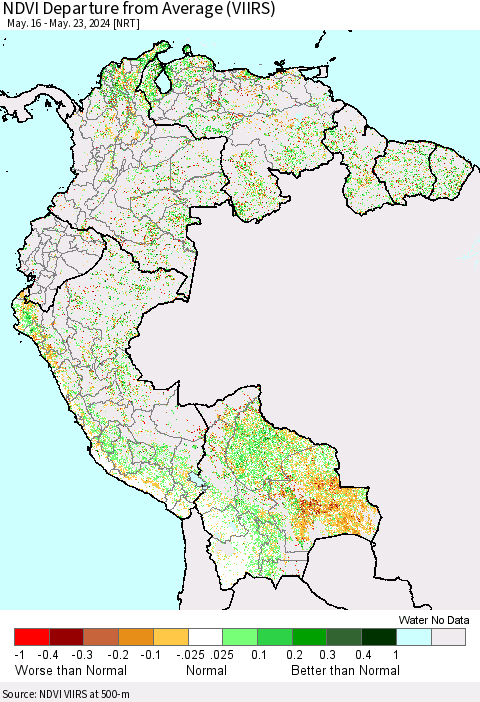 Northern South America NDVI Departure from Average (VIIRS) Thematic Map For 5/16/2024 - 5/23/2024