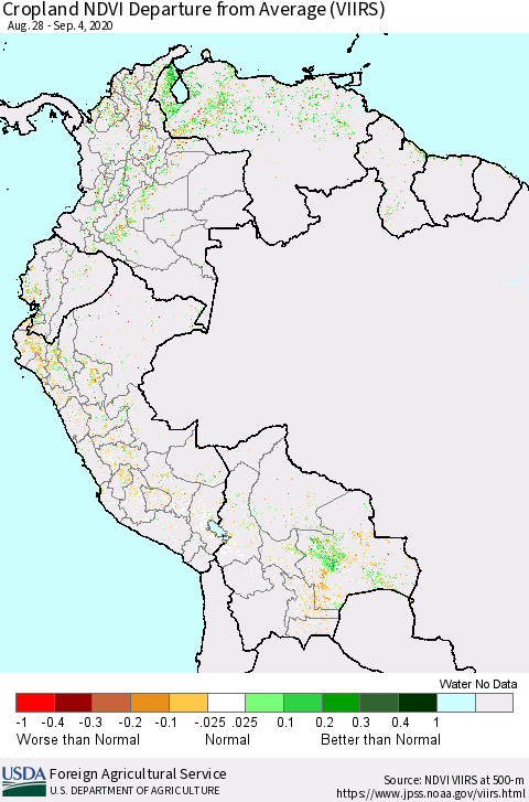 Northern South America Cropland NDVI Departure from Average (VIIRS) Thematic Map For 9/1/2020 - 9/10/2020