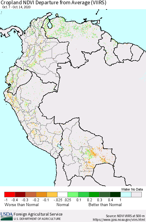 Northern South America Cropland NDVI Departure from Average (VIIRS) Thematic Map For 10/11/2020 - 10/20/2020