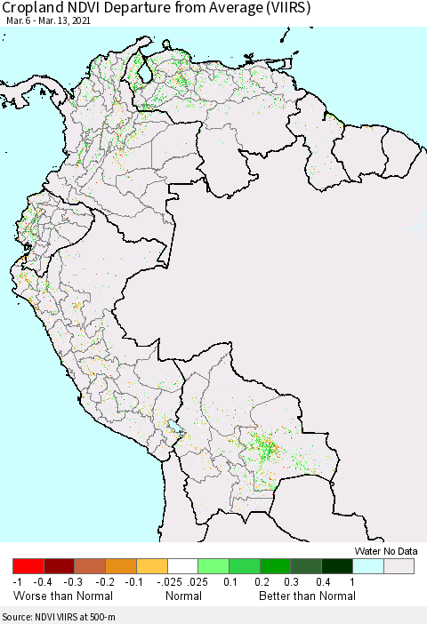 Northern South America Cropland NDVI Departure from Average (VIIRS) Thematic Map For 3/6/2021 - 3/13/2021