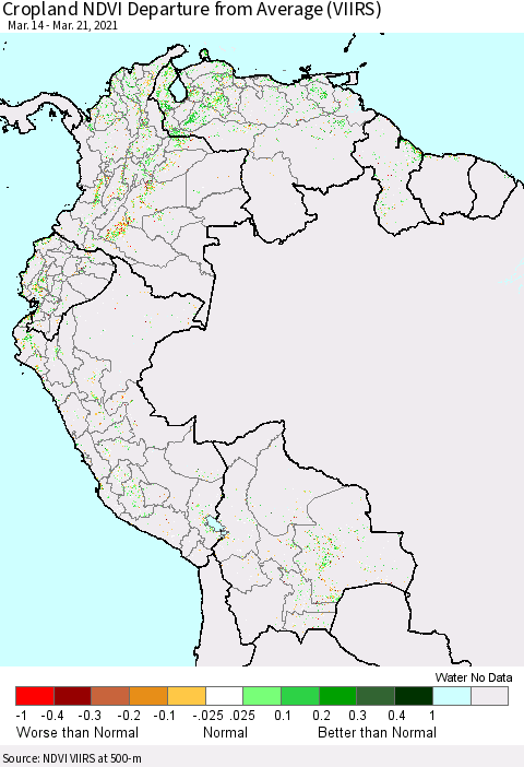 Northern South America Cropland NDVI Departure from Average (VIIRS) Thematic Map For 3/14/2021 - 3/21/2021
