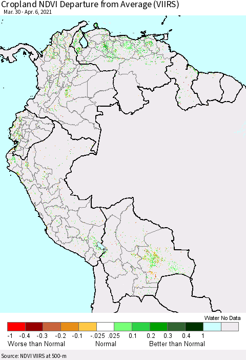 Northern South America Cropland NDVI Departure from Average (VIIRS) Thematic Map For 3/30/2021 - 4/6/2021