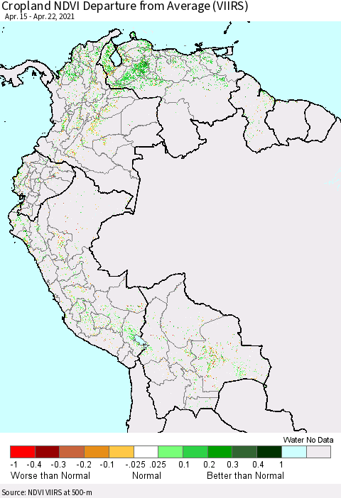 Northern South America Cropland NDVI Departure from Average (VIIRS) Thematic Map For 4/15/2021 - 4/22/2021