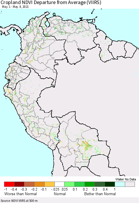 Northern South America Cropland NDVI Departure from Average (VIIRS) Thematic Map For 5/1/2021 - 5/8/2021