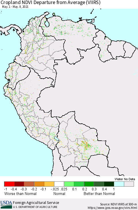 Northern South America Cropland NDVI Departure from Average (VIIRS) Thematic Map For 5/1/2021 - 5/10/2021
