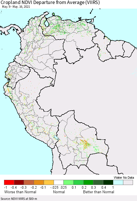Northern South America Cropland NDVI Departure from Average (VIIRS) Thematic Map For 5/9/2021 - 5/16/2021