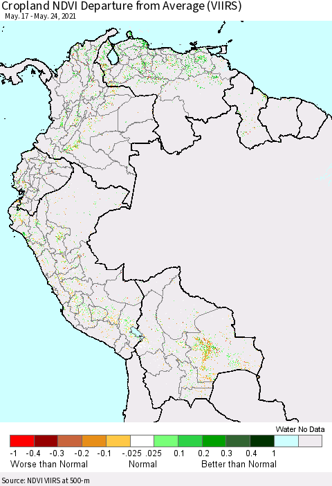 Northern South America Cropland NDVI Departure from Average (VIIRS) Thematic Map For 5/17/2021 - 5/24/2021