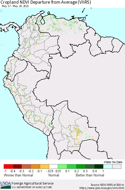 Northern South America Cropland NDVI Departure from Average (VIIRS) Thematic Map For 5/21/2021 - 5/31/2021