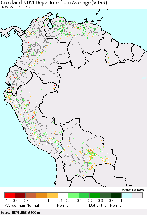 Northern South America Cropland NDVI Departure from Average (VIIRS) Thematic Map For 5/25/2021 - 6/1/2021