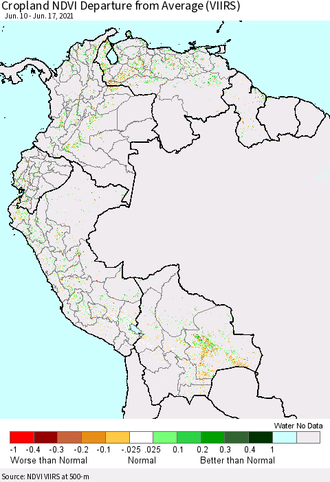 Northern South America Cropland NDVI Departure from Average (VIIRS) Thematic Map For 6/10/2021 - 6/17/2021