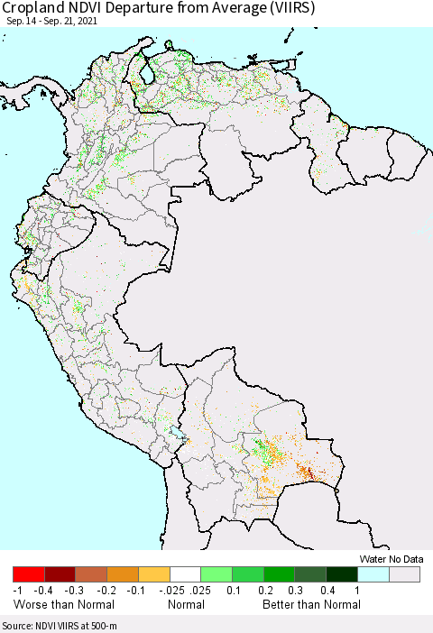 Northern South America Cropland NDVI Departure from Average (VIIRS) Thematic Map For 9/14/2021 - 9/21/2021