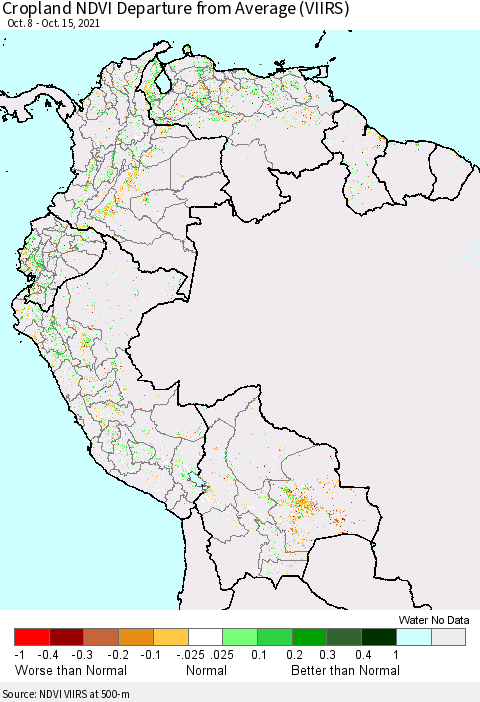 Northern South America Cropland NDVI Departure from Average (VIIRS) Thematic Map For 10/8/2021 - 10/15/2021