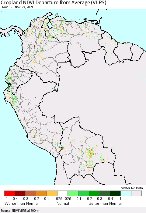 Northern South America Cropland NDVI Departure from Average (VIIRS) Thematic Map For 11/17/2021 - 11/24/2021