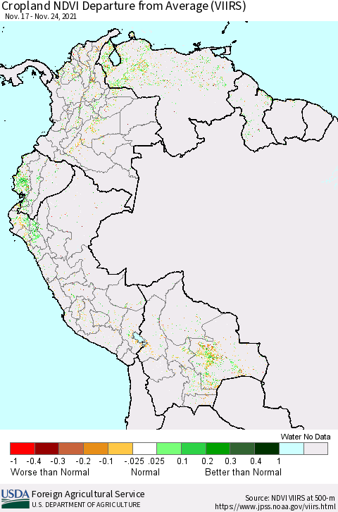 Northern South America Cropland NDVI Departure from Average (VIIRS) Thematic Map For 11/21/2021 - 11/30/2021