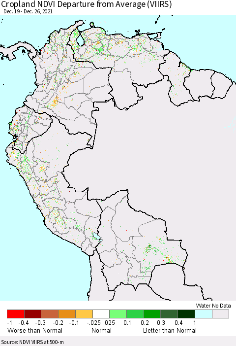 Northern South America Cropland NDVI Departure from Average (VIIRS) Thematic Map For 12/19/2021 - 12/26/2021