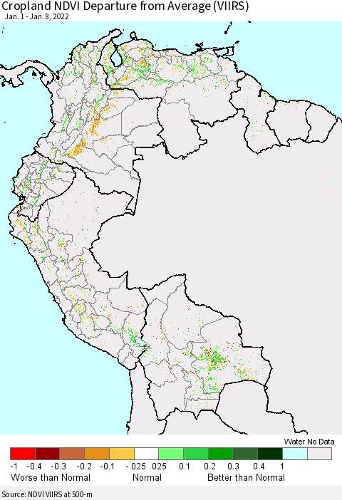 Northern South America Cropland NDVI Departure from Average (VIIRS) Thematic Map For 1/1/2022 - 1/8/2022