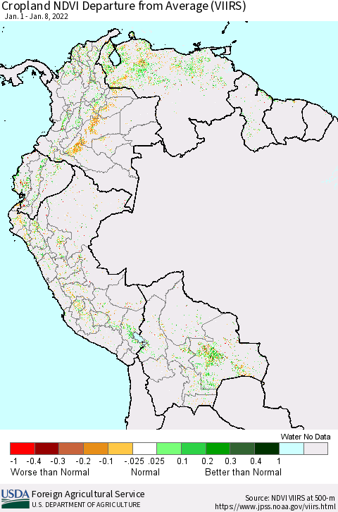 Northern South America Cropland NDVI Departure from Average (VIIRS) Thematic Map For 1/1/2022 - 1/10/2022
