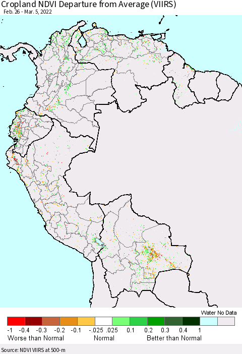Northern South America Cropland NDVI Departure from Average (VIIRS) Thematic Map For 2/26/2022 - 3/5/2022
