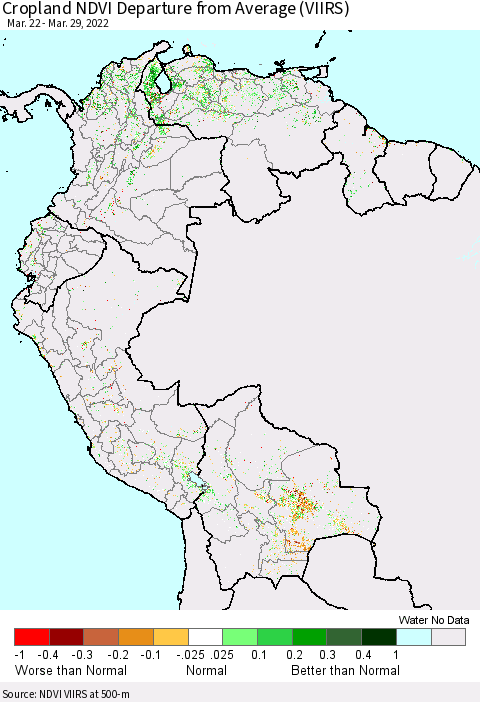Northern South America Cropland NDVI Departure from Average (VIIRS) Thematic Map For 3/22/2022 - 3/29/2022