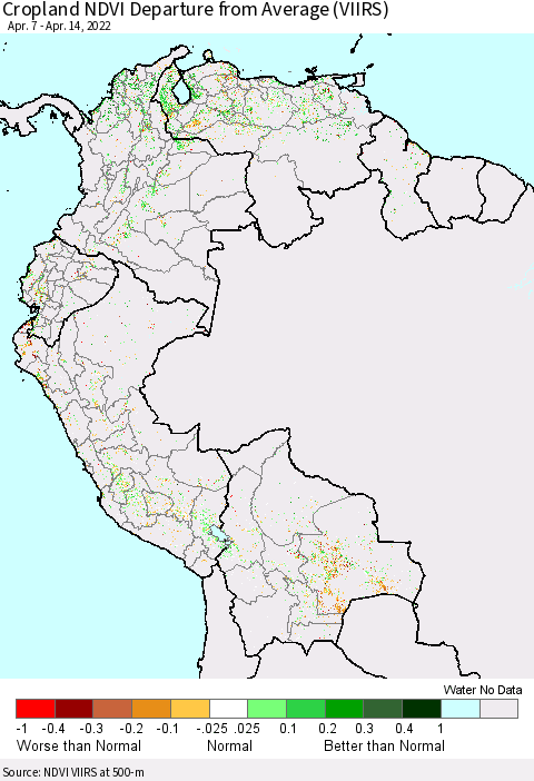 Northern South America Cropland NDVI Departure from Average (VIIRS) Thematic Map For 4/7/2022 - 4/14/2022