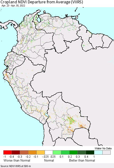 Northern South America Cropland NDVI Departure from Average (VIIRS) Thematic Map For 4/21/2022 - 4/30/2022