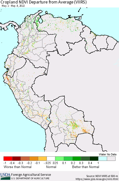 Northern South America Cropland NDVI Departure from Average (VIIRS) Thematic Map For 5/1/2022 - 5/10/2022