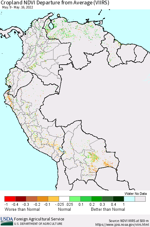 Northern South America Cropland NDVI Departure from Average (VIIRS) Thematic Map For 5/11/2022 - 5/20/2022