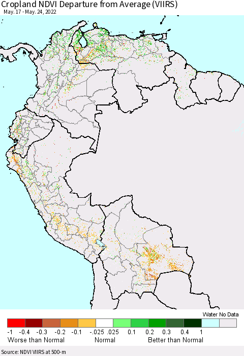 Northern South America Cropland NDVI Departure from Average (VIIRS) Thematic Map For 5/17/2022 - 5/24/2022