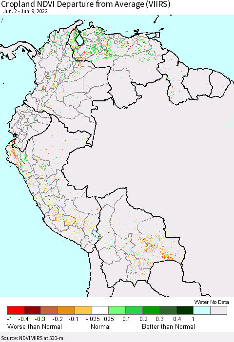 Northern South America Cropland NDVI Departure from Average (VIIRS) Thematic Map For 6/2/2022 - 6/9/2022