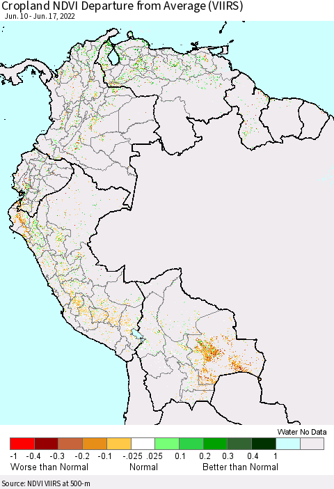 Northern South America Cropland NDVI Departure from Average (VIIRS) Thematic Map For 6/10/2022 - 6/17/2022