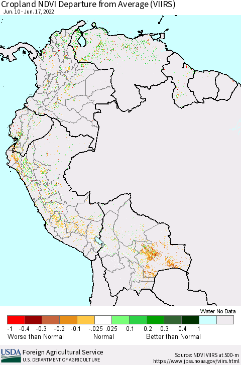 Northern South America Cropland NDVI Departure from Average (VIIRS) Thematic Map For 6/11/2022 - 6/20/2022