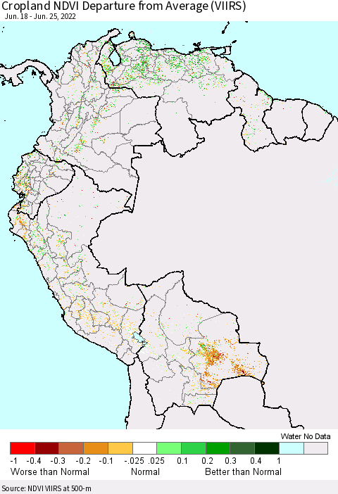 Northern South America Cropland NDVI Departure from Average (VIIRS) Thematic Map For 6/18/2022 - 6/25/2022