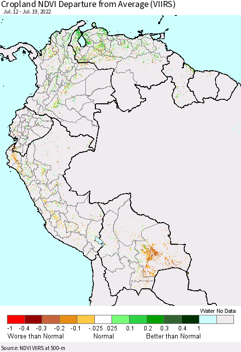 Northern South America Cropland NDVI Departure from Average (VIIRS) Thematic Map For 7/12/2022 - 7/19/2022