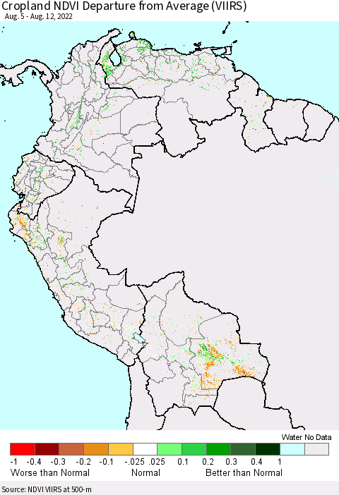 Northern South America Cropland NDVI Departure from Average (VIIRS) Thematic Map For 8/5/2022 - 8/12/2022