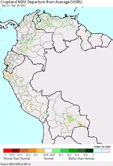 Northern South America Cropland NDVI Departure from Average (VIIRS) Thematic Map For 9/22/2022 - 9/29/2022