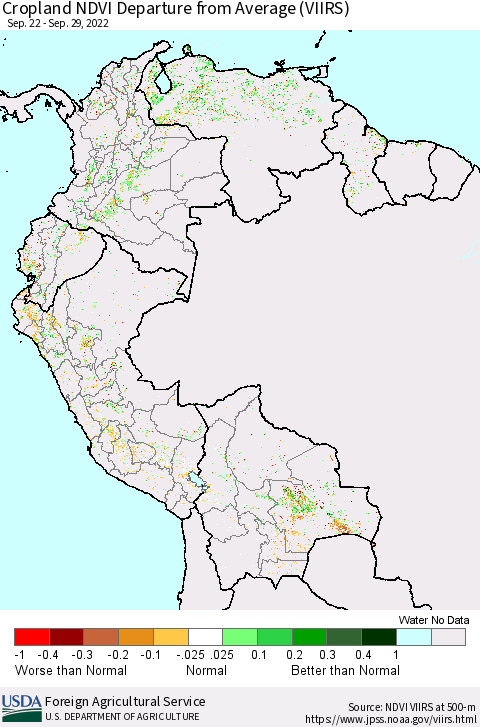 Northern South America Cropland NDVI Departure from Average (VIIRS) Thematic Map For 9/21/2022 - 9/30/2022