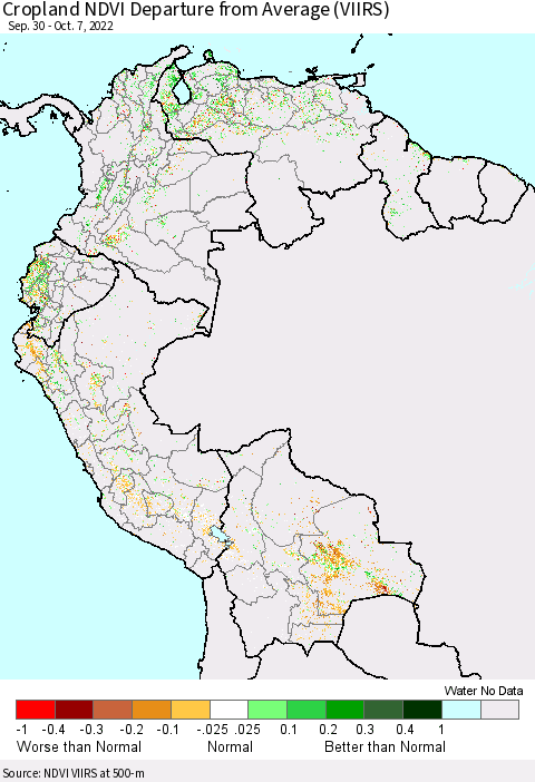 Northern South America Cropland NDVI Departure from Average (VIIRS) Thematic Map For 9/30/2022 - 10/7/2022