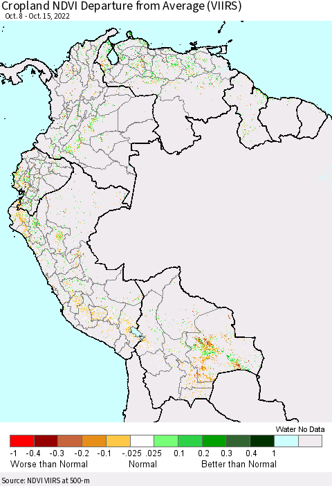 Northern South America Cropland NDVI Departure from Average (VIIRS) Thematic Map For 10/8/2022 - 10/15/2022
