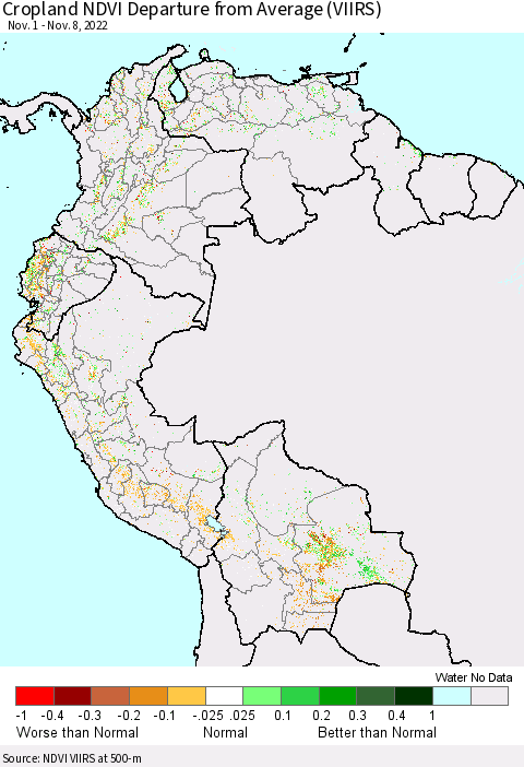 Northern South America Cropland NDVI Departure from Average (VIIRS) Thematic Map For 11/1/2022 - 11/8/2022