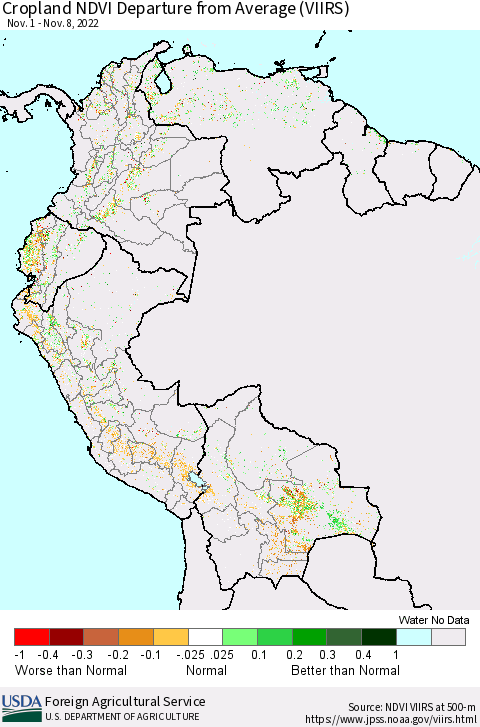 Northern South America Cropland NDVI Departure from Average (VIIRS) Thematic Map For 11/1/2022 - 11/10/2022