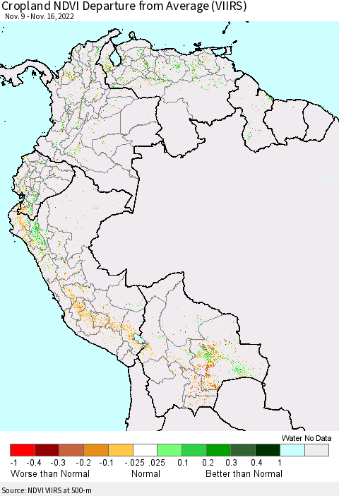 Northern South America Cropland NDVI Departure from Average (VIIRS) Thematic Map For 11/9/2022 - 11/16/2022