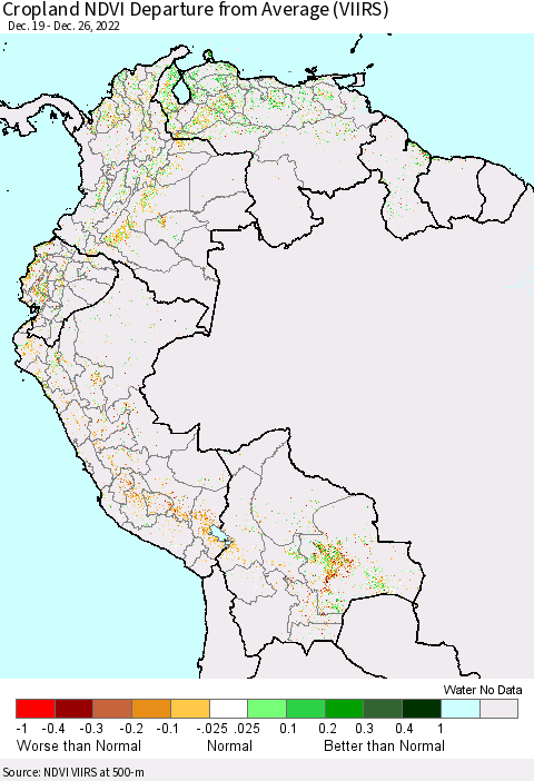 Northern South America Cropland NDVI Departure from Average (VIIRS) Thematic Map For 12/19/2022 - 12/26/2022