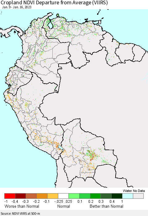 Northern South America Cropland NDVI Departure from Average (VIIRS) Thematic Map For 1/9/2023 - 1/16/2023