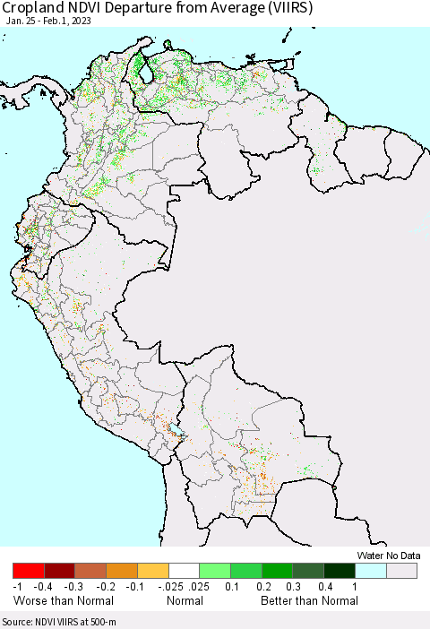 Northern South America Cropland NDVI Departure from Average (VIIRS) Thematic Map For 1/25/2023 - 2/1/2023