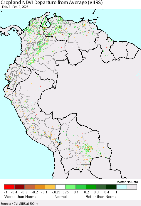 Northern South America Cropland NDVI Departure from Average (VIIRS) Thematic Map For 2/2/2023 - 2/9/2023
