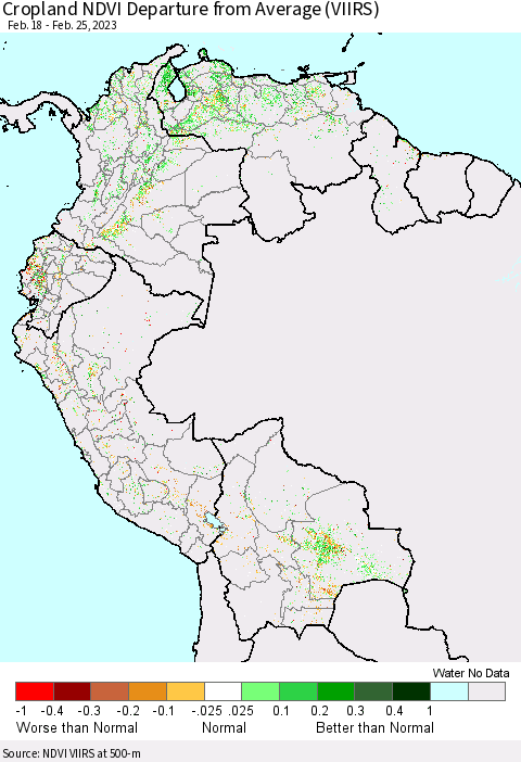 Northern South America Cropland NDVI Departure from Average (VIIRS) Thematic Map For 2/18/2023 - 2/25/2023